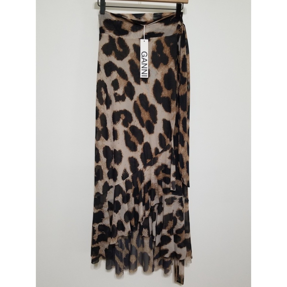 GANNI Leopard Print Mesh Ruffled Wrap Midi Skirt Brown EU 38 US 6 $245 - Picture 5 of 16